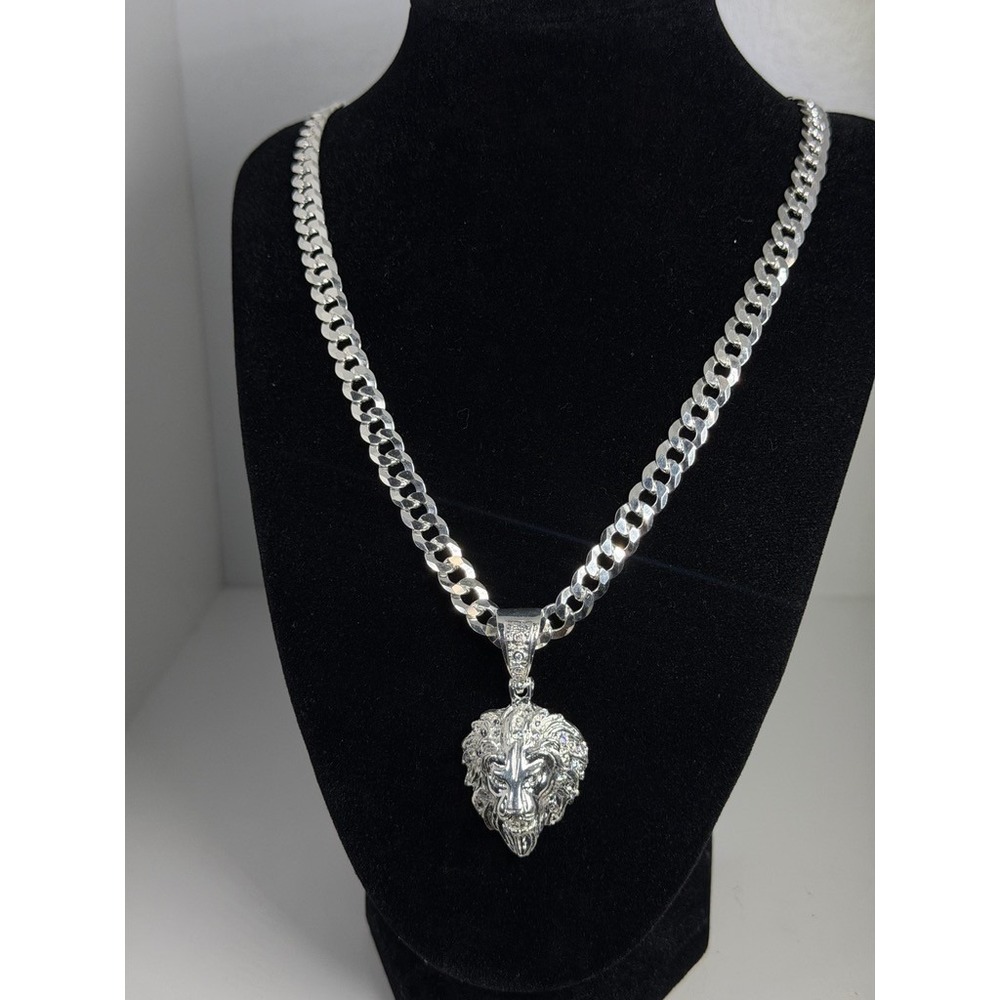 Italian 925 Sterling Silver Lion Head Pendant Cuban Link Chain Necklace 21 In